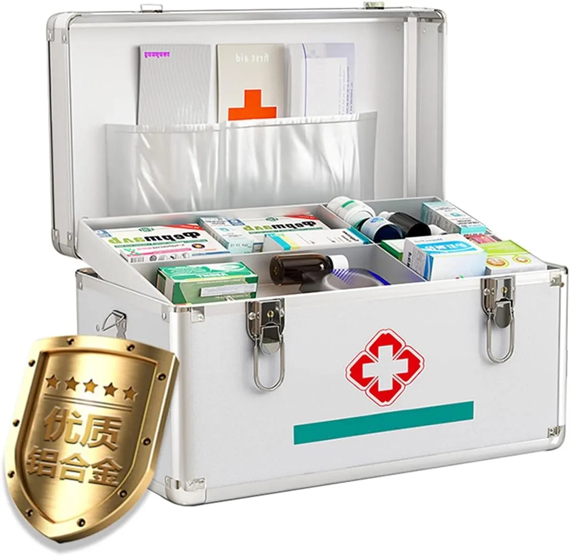 Portable First Aid Kit,Camping Emergency Kit,Contain Removable Tray Multi-Functional Family Emergency Kit Box with Handle，Silver,14in