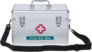 Portable First Aid Kit,Camping Emergency Kit,Contain Removable Tray Multi-Functional Family Emergency Kit Box with Handle，Silver,14in