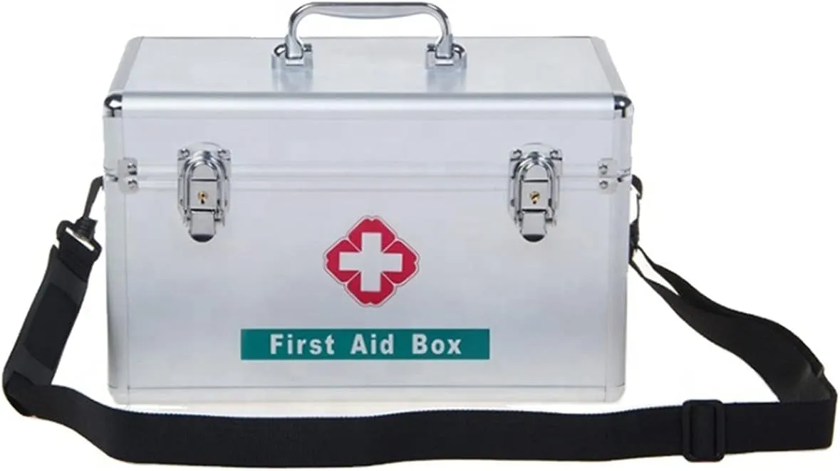 Portable First Aid Kit,Camping Emergency Kit,Contain Removable Tray Multi-Functional Family Emergency Kit Box with Handle，Silver,14in