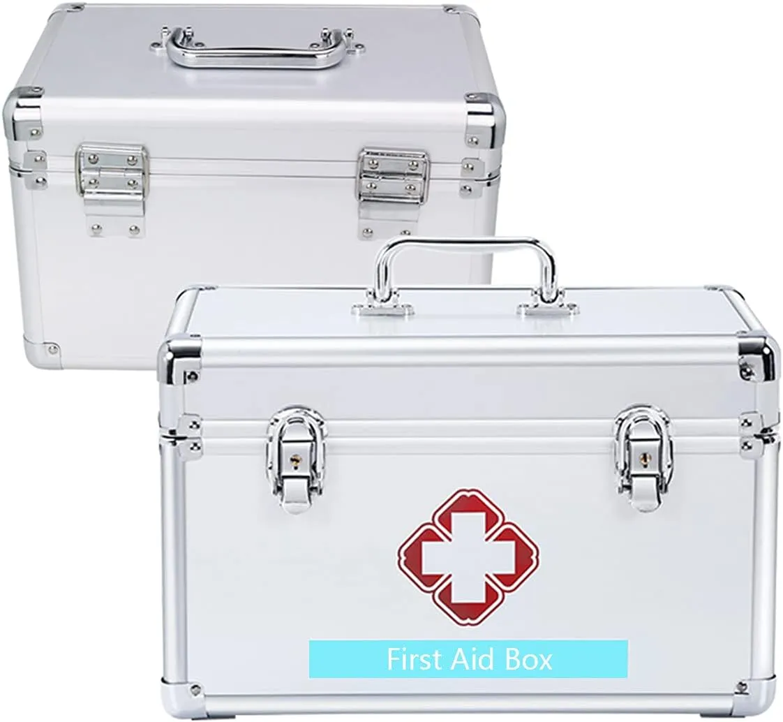 Portable First Aid Kit,Camping Emergency Kit,Contain Removable Tray Multi-Functional Family Emergency Kit Box with Handle，Silver,14in