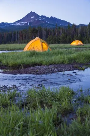 Posterazzi PDDUS38SWR0284 Broken Top Mountain and Camping Tent, Sparks Lake, Three Sisters Wilderness, Eastern Oregon, USA Photo Print, 18 x 24, Multi