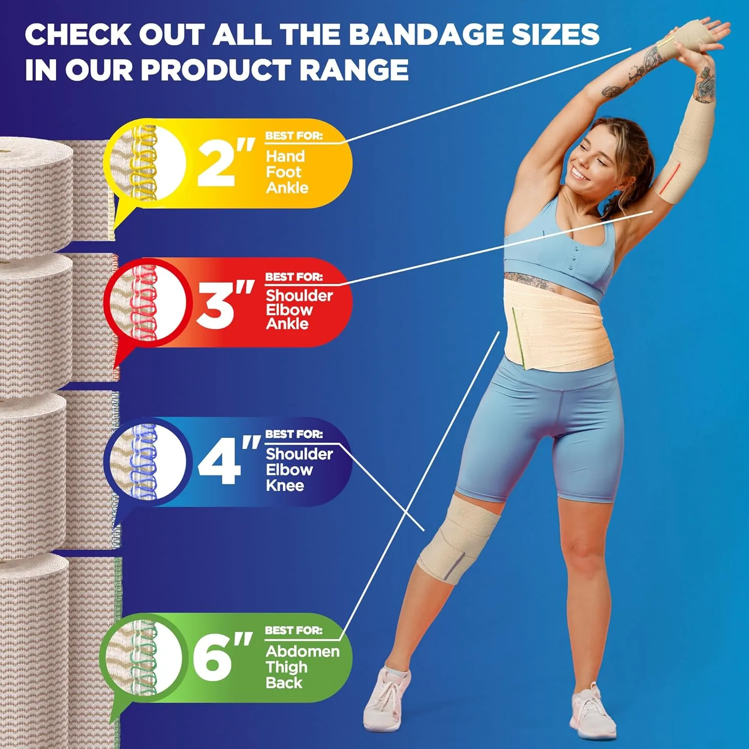 Premium Elastic Bandage Wrap - 4” (10pk) - Strong Compression - Self-Closing Reusable Bandages for Legs and Arms - Wrist, Elbow, Foot, Knee Wrap