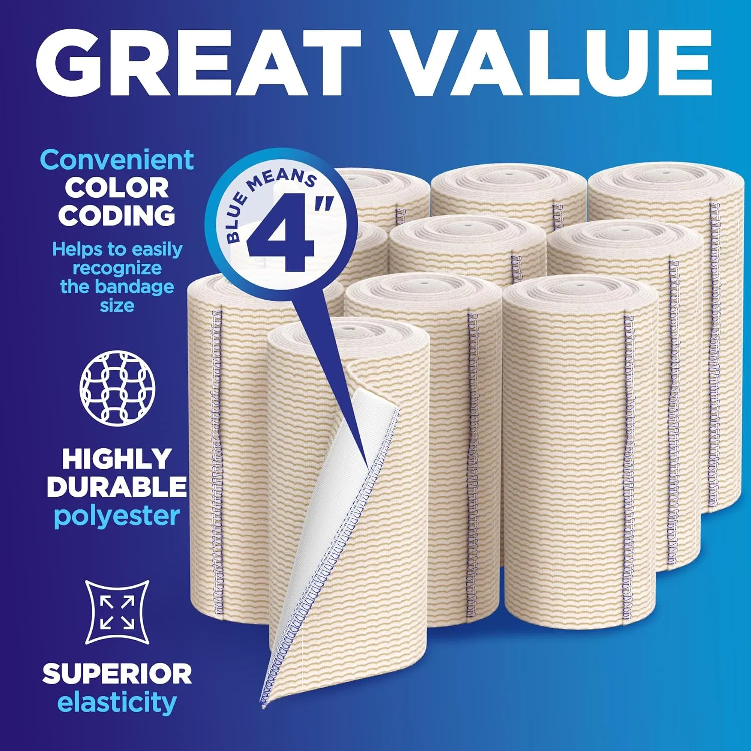 Premium Elastic Bandage Wrap - 4” (10pk) - Strong Compression - Self-Closing Reusable Bandages for Legs and Arms - Wrist, Elbow, Foot, Knee Wrap