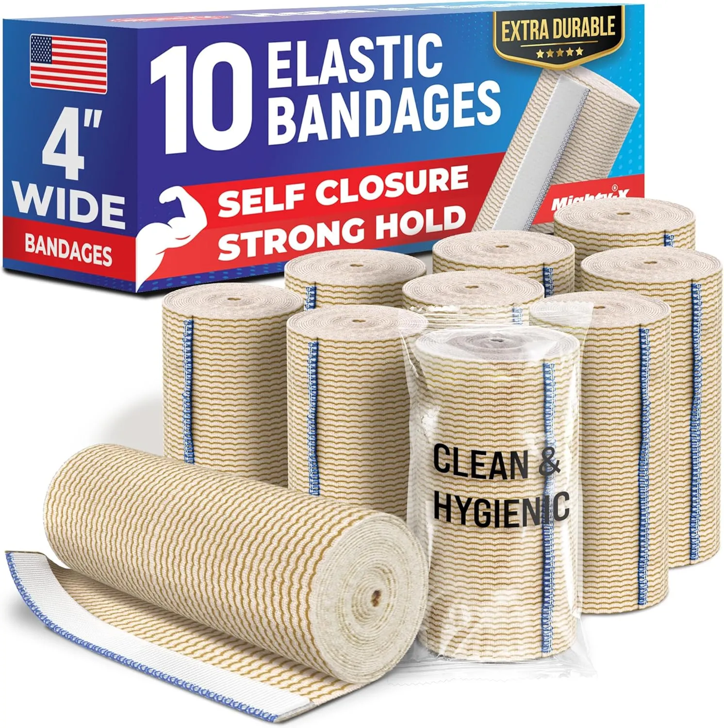 Premium Elastic Bandage Wrap - 4” (10pk) - Strong Compression - Self-Closing Reusable Bandages for Legs and Arms - Wrist, Elbow, Foot, Knee Wrap