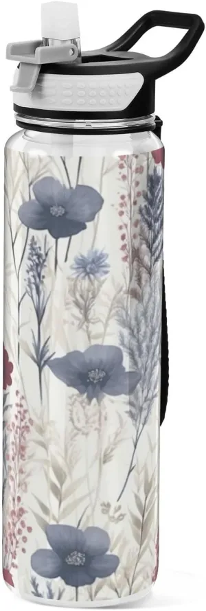 Pretty Flower Clear Water Bottle with Straw Lid, BPA-Free Leakproof Sport Water Bottle 32oz Large Gym Water Jug for Men Women Travel Fitness Outdoor