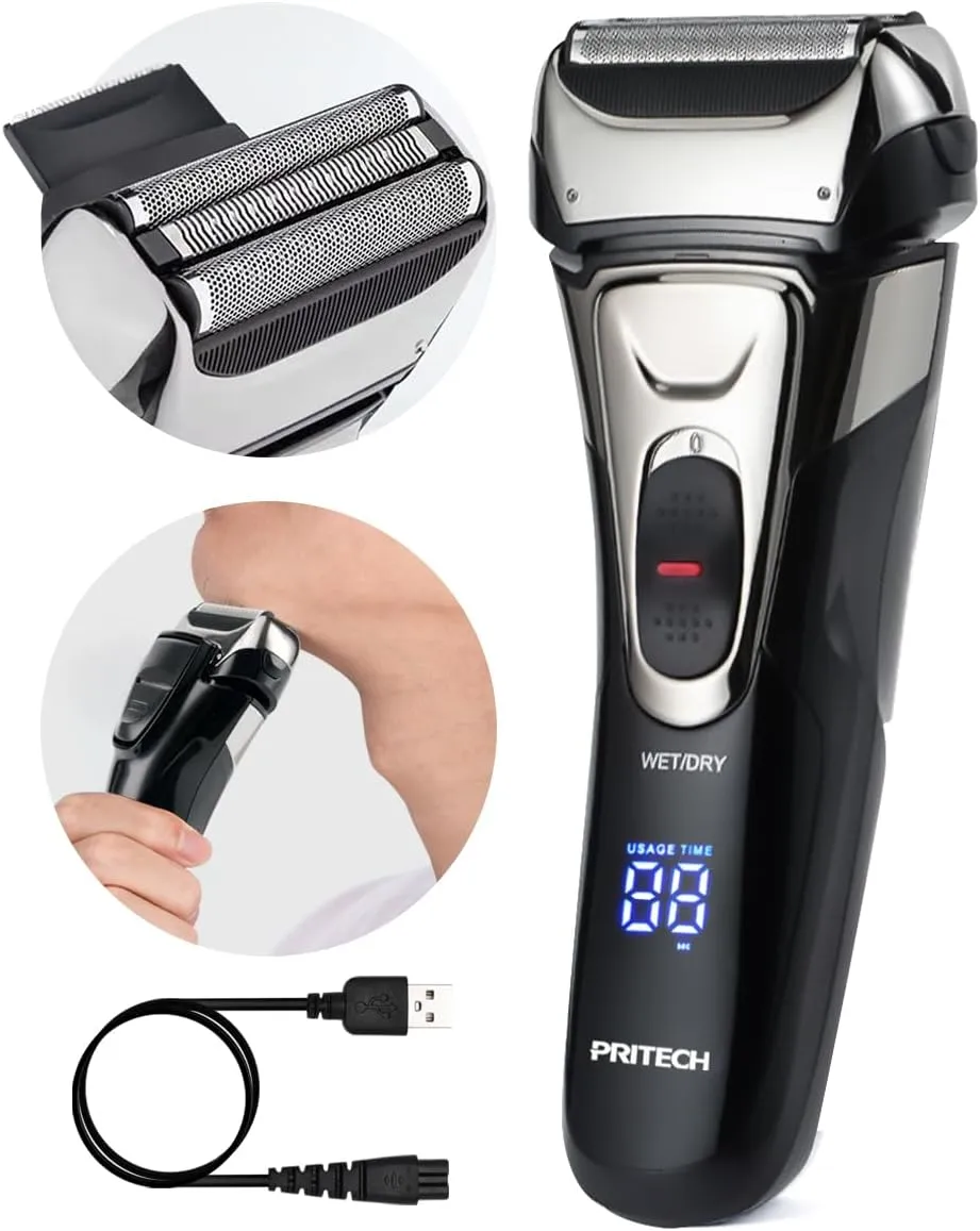 PRITECH Electric Razor for Men, Waterproof Foil Electric Shavers with Beard Trimmer, Cordless Rechargeable Razor for Shaving Face, LED Display Wet Dry Use