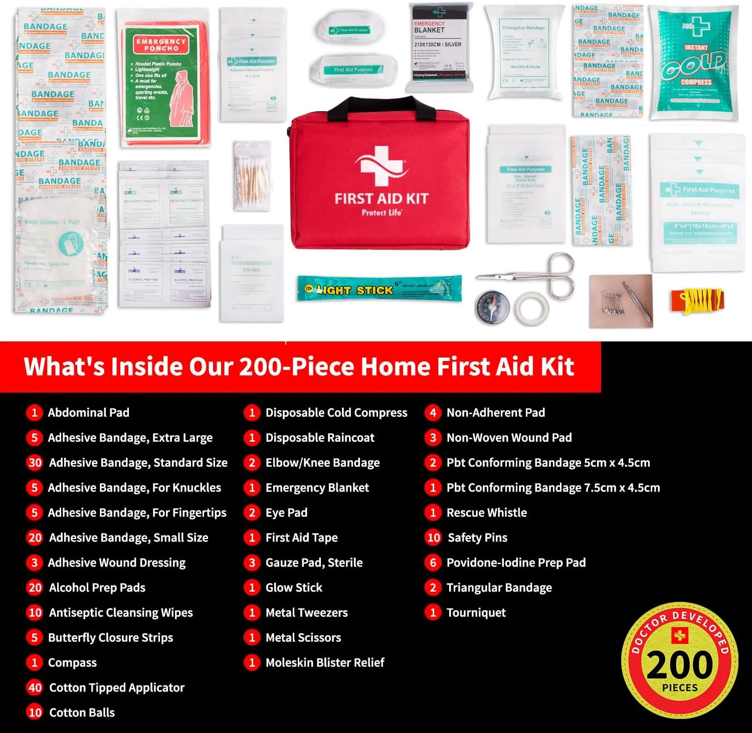 Protect Life Survival First Aid Kit for Home/Business, Camping Survival Kits | Mini Travel First Aid Kit | Camping Equipment | Small Kits for Car | Outdoor Emergency Survivals Pack - 200pcs