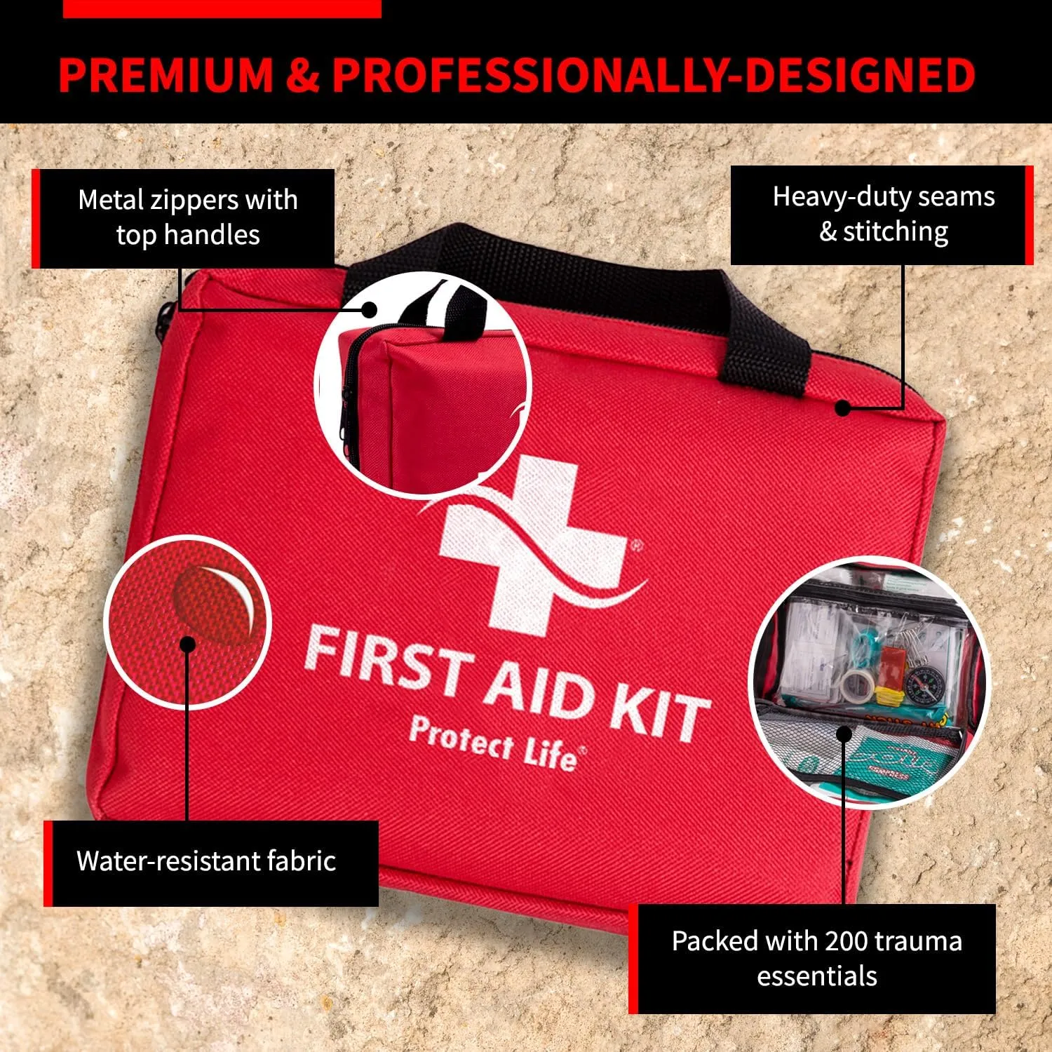 Protect Life Survival First Aid Kit for Home/Business, Camping Survival Kits | Mini Travel First Aid Kit | Camping Equipment | Small Kits for Car | Outdoor Emergency Survivals Pack - 200pcs