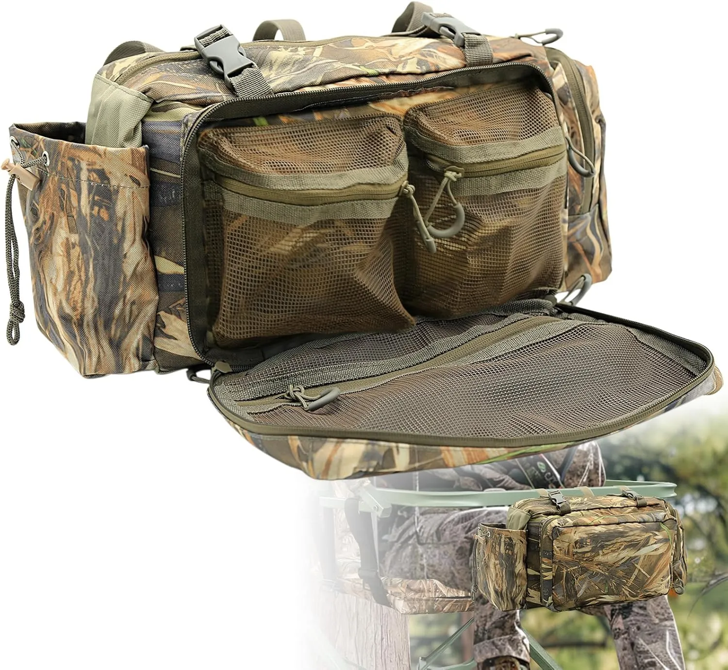PUNCHMAN Camouflage Treestand Front Storage Bag-Waterproof Camo Hunting Pack Hang on Tree Stands,Multiple Pockets Hunting Fanny Pack with Hip Straps Waist Bag for Men, Hunters, Tree Stand Accessories