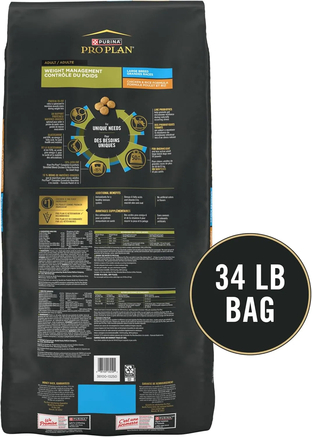 Purina Pro Plan Large Breed Weight Management Dry Dog Food, Chicken and Rice Formula - 34 lb. Bag