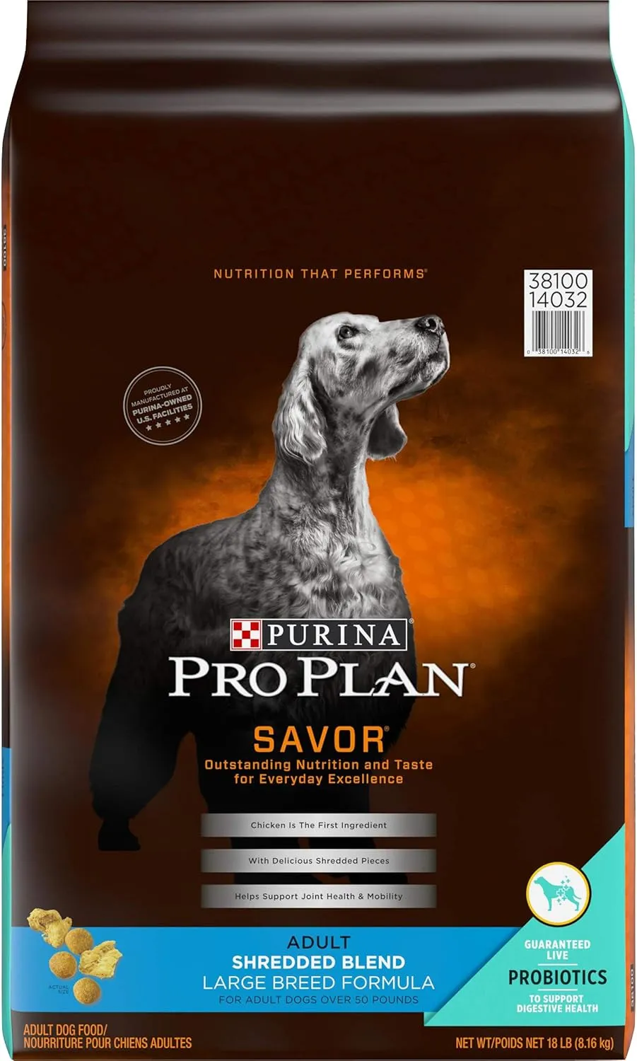 Purina Pro Plan With Probiotics Large Breed Dry Dog Food, Shredded Blend Chicken & Rice Formula - 18 lb. Bag