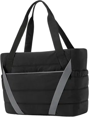 Qianly Quilted Tote Bag with Yoga Mat Strap Wet and Dry Storage Pockets Gym Tote, Black