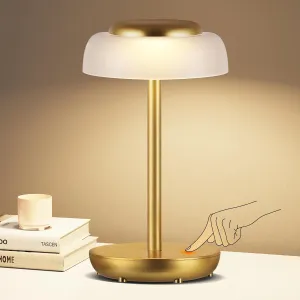 QiMH Battery Operated LED Table Lamp, 5000mAh Rechargeable Cordless Lamp, Stepless Dimmable Touch Control, Small Waterproof Desk Night Light for Living Room, Bedroom, Outdoor Bar (Gold)