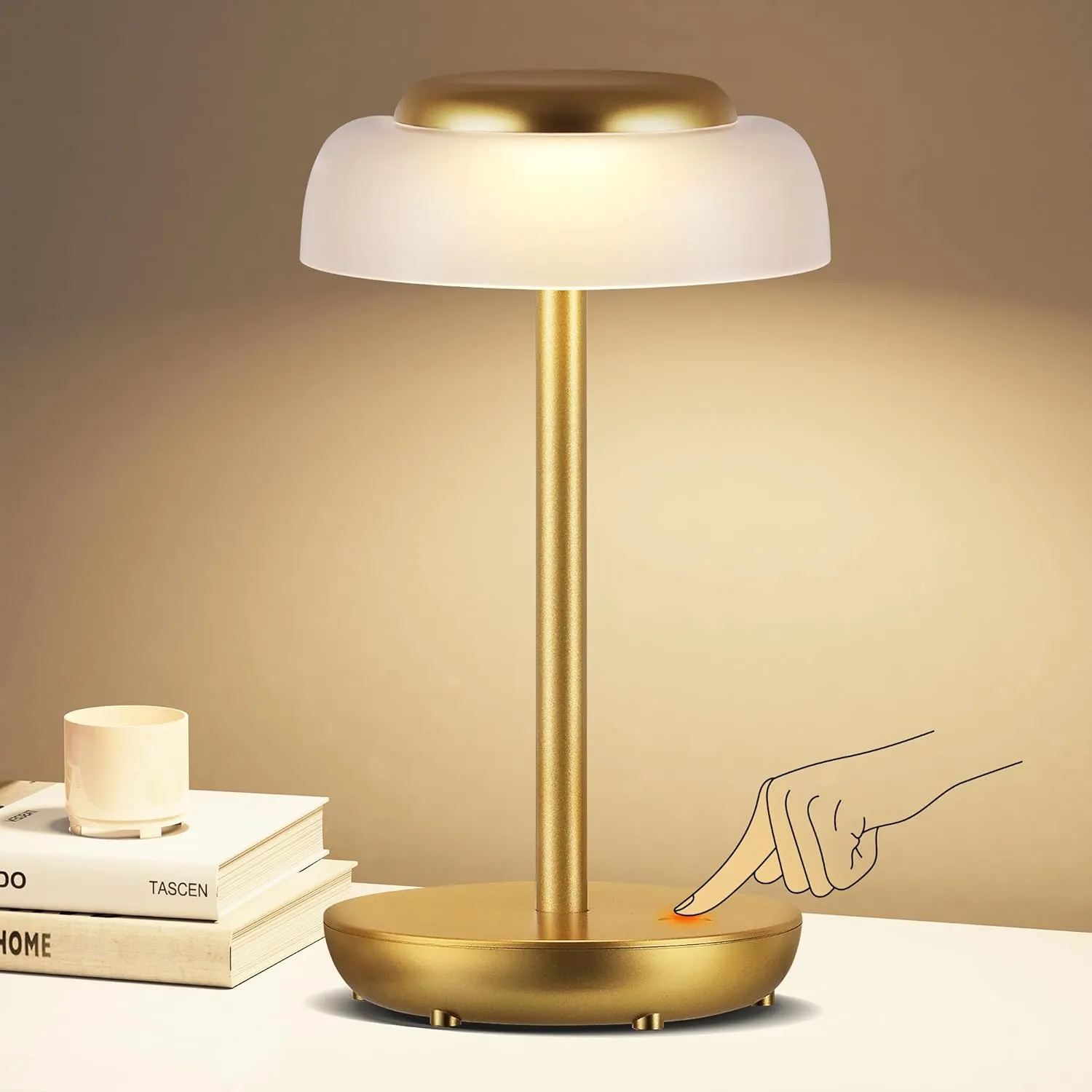 QiMH Battery Operated LED Table Lamp, 5000mAh Rechargeable Cordless Lamp, Stepless Dimmable Touch Control, Small Waterproof Desk Night Light for Living Room, Bedroom, Outdoor Bar (Gold)