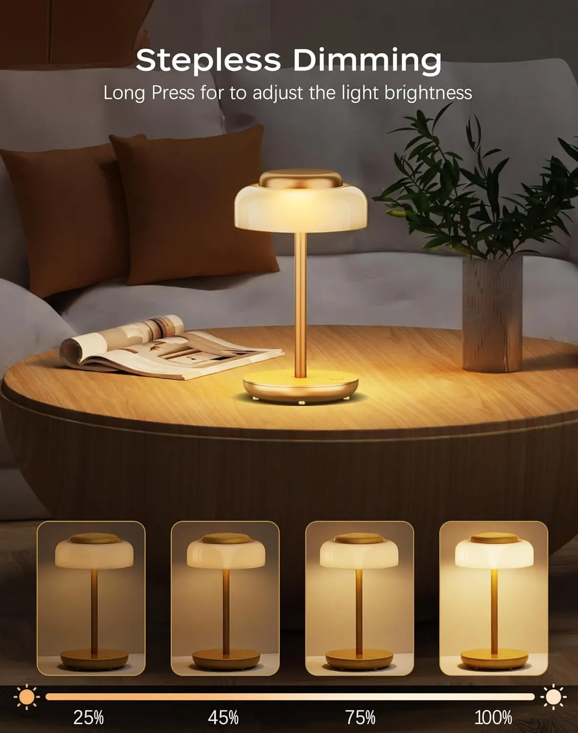 QiMH Battery Operated LED Table Lamp, 5000mAh Rechargeable Cordless Lamp, Stepless Dimmable Touch Control, Small Waterproof Desk Night Light for Living Room, Bedroom, Outdoor Bar (Gold)