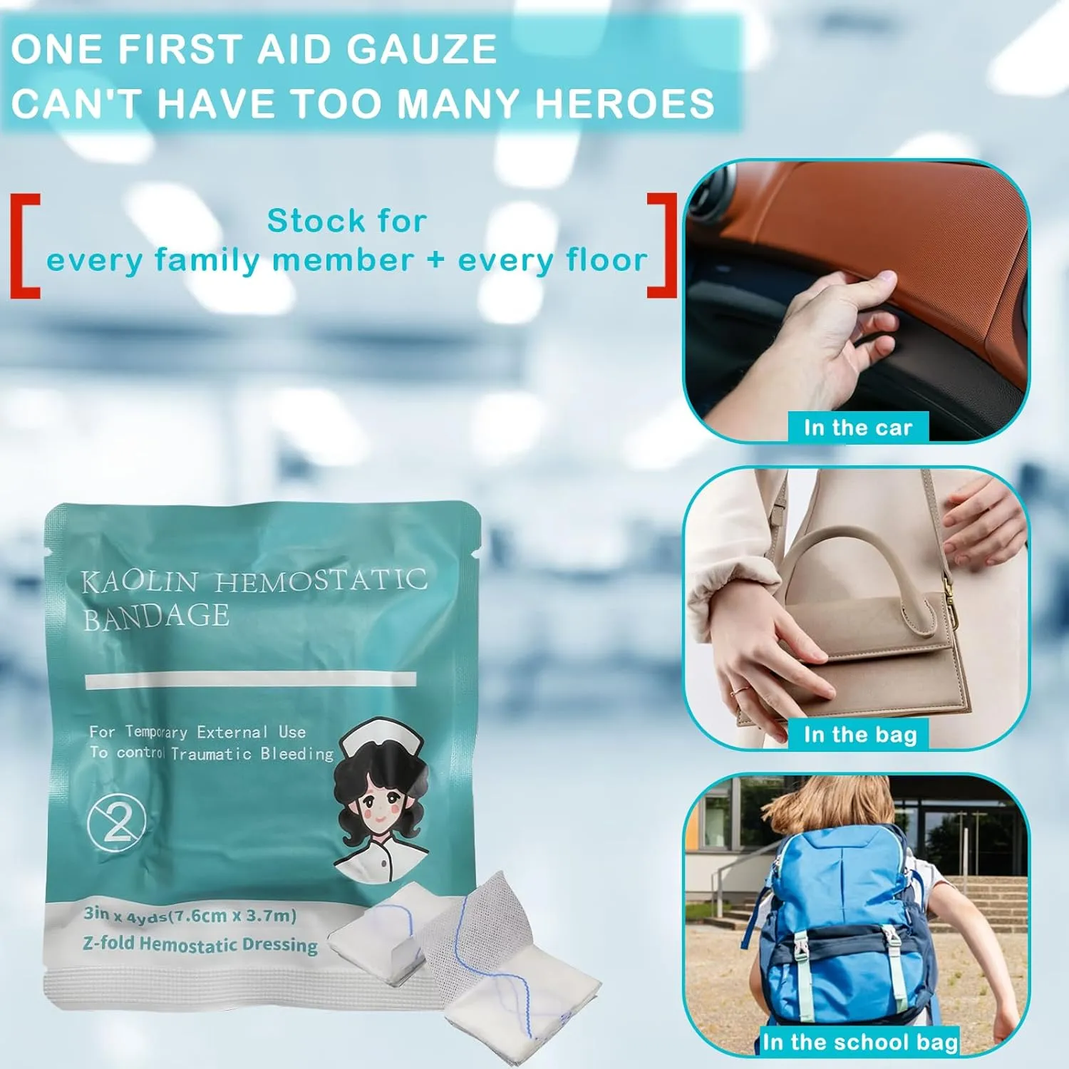 Quick Clot Gauze, First Aid Advanced Stop The Bleed Kit Combat Flexible Hemostatic Gauze-Bleed Stop Faster Wound Packing Medical,Survival Kit Supplies (3" x 12.5) (4)