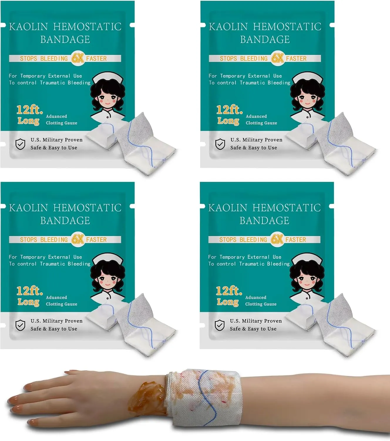 Quick Clot Gauze, First Aid Advanced Stop The Bleed Kit Combat Flexible Hemostatic Gauze-Bleed Stop Faster Wound Packing Medical,Survival Kit Supplies (3" x 12.5) (4)