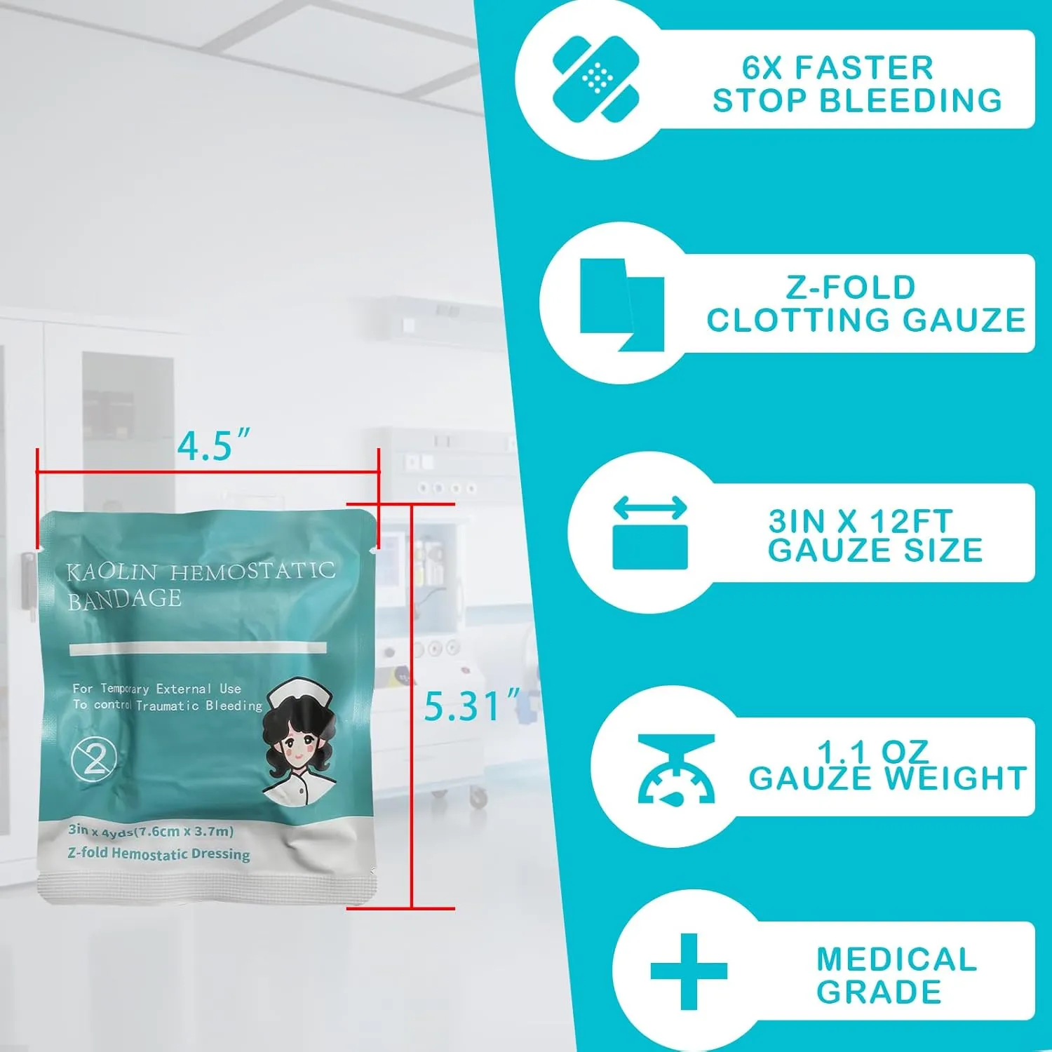 Quick Clot Gauze, First Aid Advanced Stop The Bleed Kit Combat Flexible Hemostatic Gauze-Bleed Stop Faster Wound Packing Medical,Survival Kit Supplies (3" x 12.5) (5)