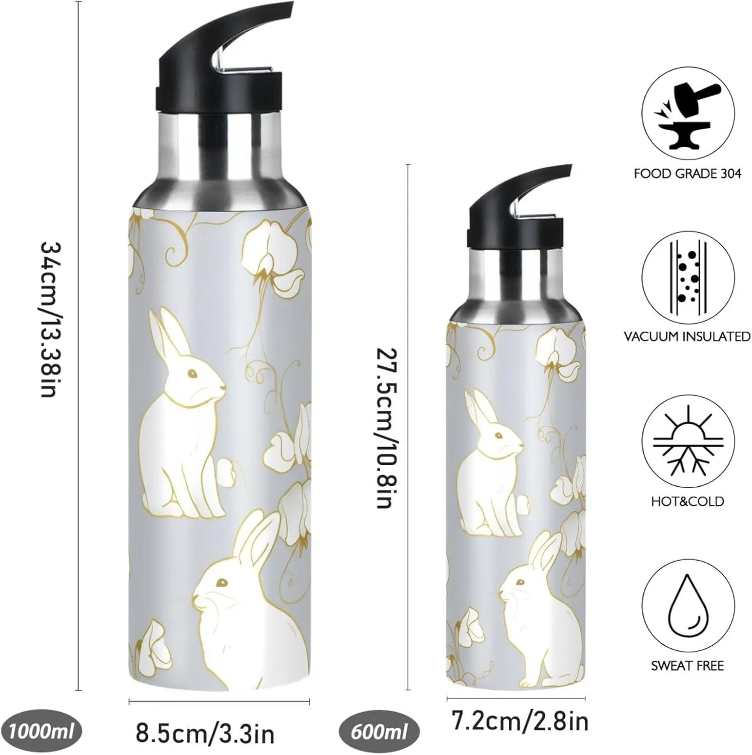 Rabbit Sports Water Bottle with Straw, 22oz BPA Free Stainless Steel Vacuum Insulated Bottle for Gym Fitness Outdoor