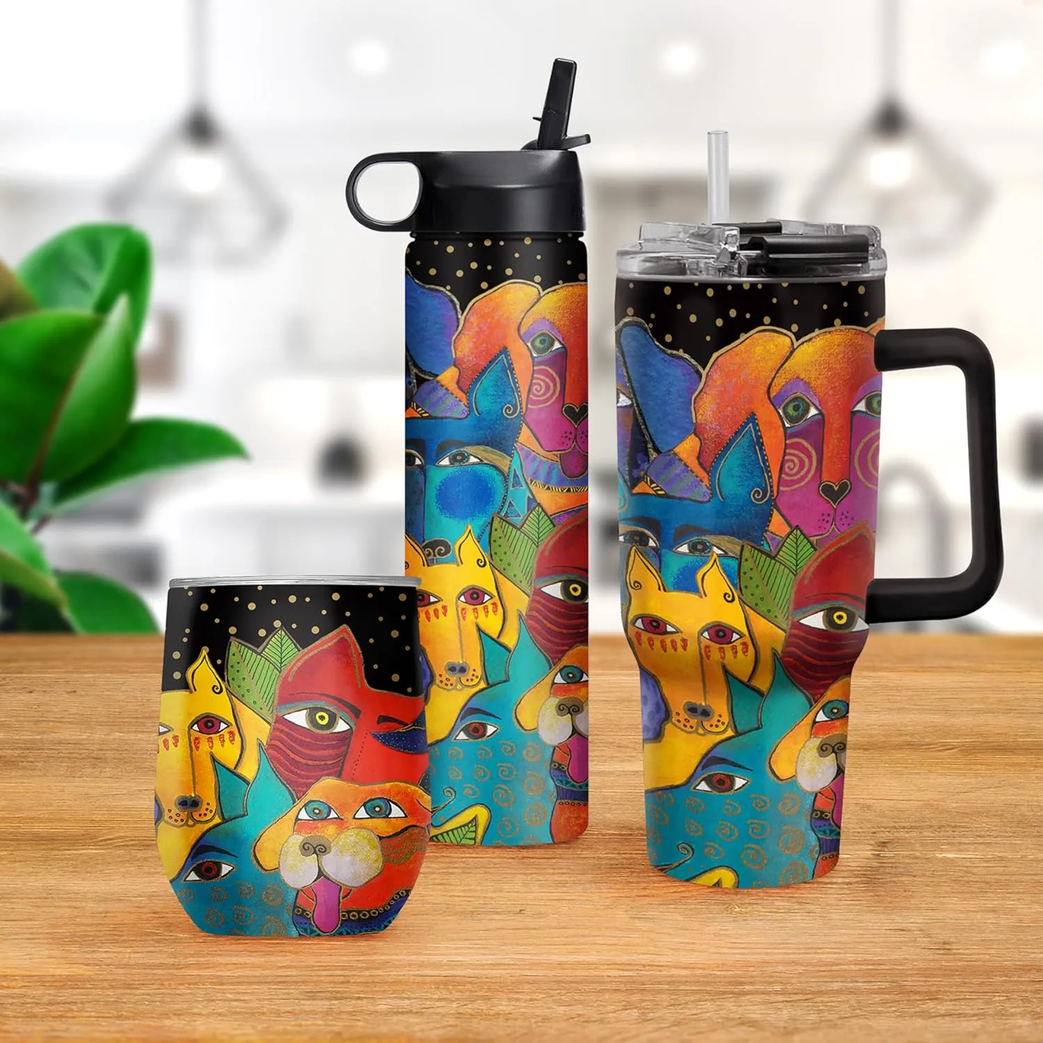 RainCaper 18/8 Stainless Steel Insulated Stemless Wine Tumbler | 12oz, BPA-Free, Double Wall for Hot & Cold | Travel-Friendly, Cup Holder Ready (Laurel Burch Dogs, Dogs, Dogs)