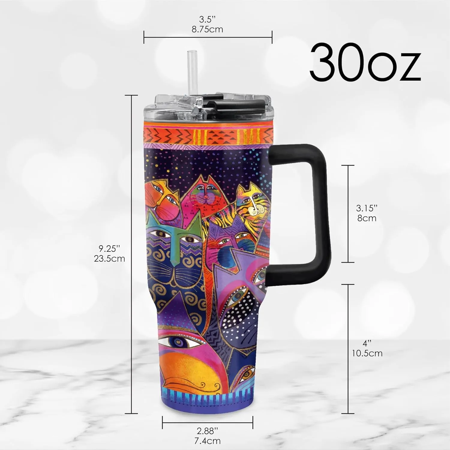 RainCaper 18/8 Stainless Steel Insulated Water Tumbler with Straw | 30oz, BPA-Free, Double Wall for Hot & Cold | Travel-Friendly, Cup Holder Ready (Laurel Burch Fantasticats)