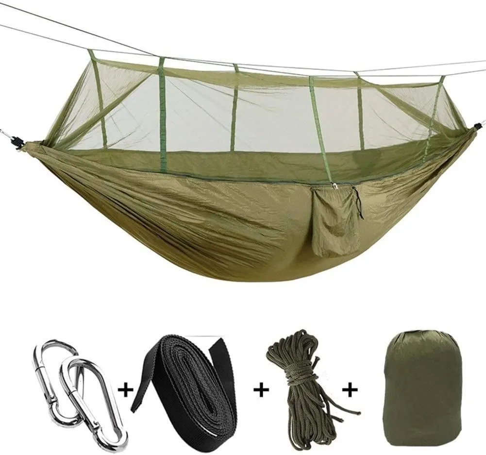 Recreation 1-2 Person Portable Outdoor Camping Hammock with Mosquito Net Parachute Fabric Hanging Bed Hunting Sleeping Swing Gifts for Hikers