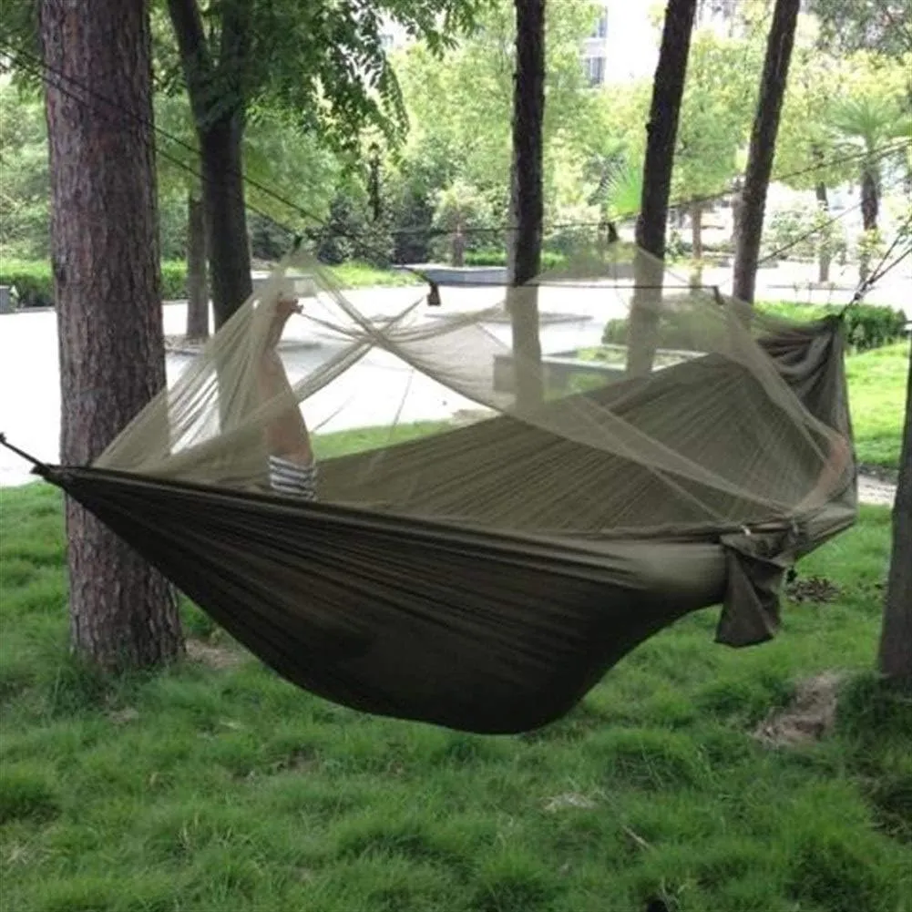 Recreation 1-2 Person Portable Outdoor Camping Hammock with Mosquito Net Parachute Fabric Hanging Bed Hunting Sleeping Swing Gifts for Hikers