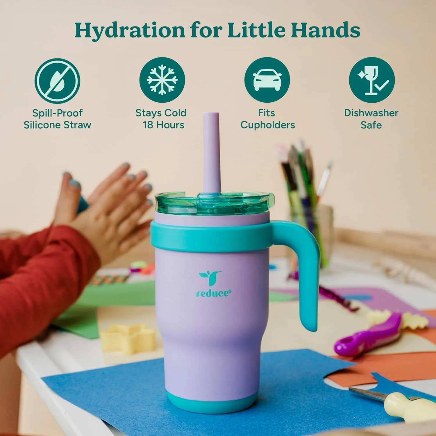 REDUCE 14 Oz Coldee Kids Tumbler with Lid and Straw - Coldee Insulated Travel Mug - Spill-Proof, Sweatproof Stainless Steel, BPA-Free - Includes Handle, Reusable Silicone Straw - Magnetic Purple