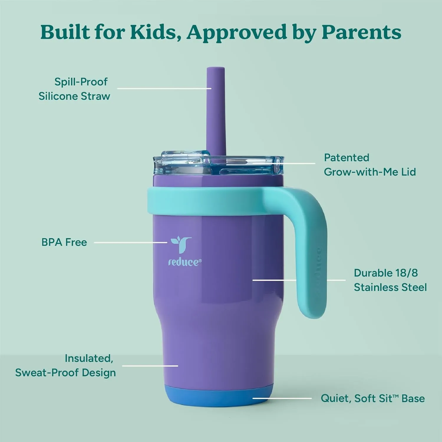 REDUCE 14 Oz Coldee Kids Tumbler with Lid and Straw - Coldee Insulated Travel Mug - Spill-Proof, Sweatproof Stainless Steel, BPA-Free - Includes Handle, Reusable Silicone Straw - Magnetic Purple