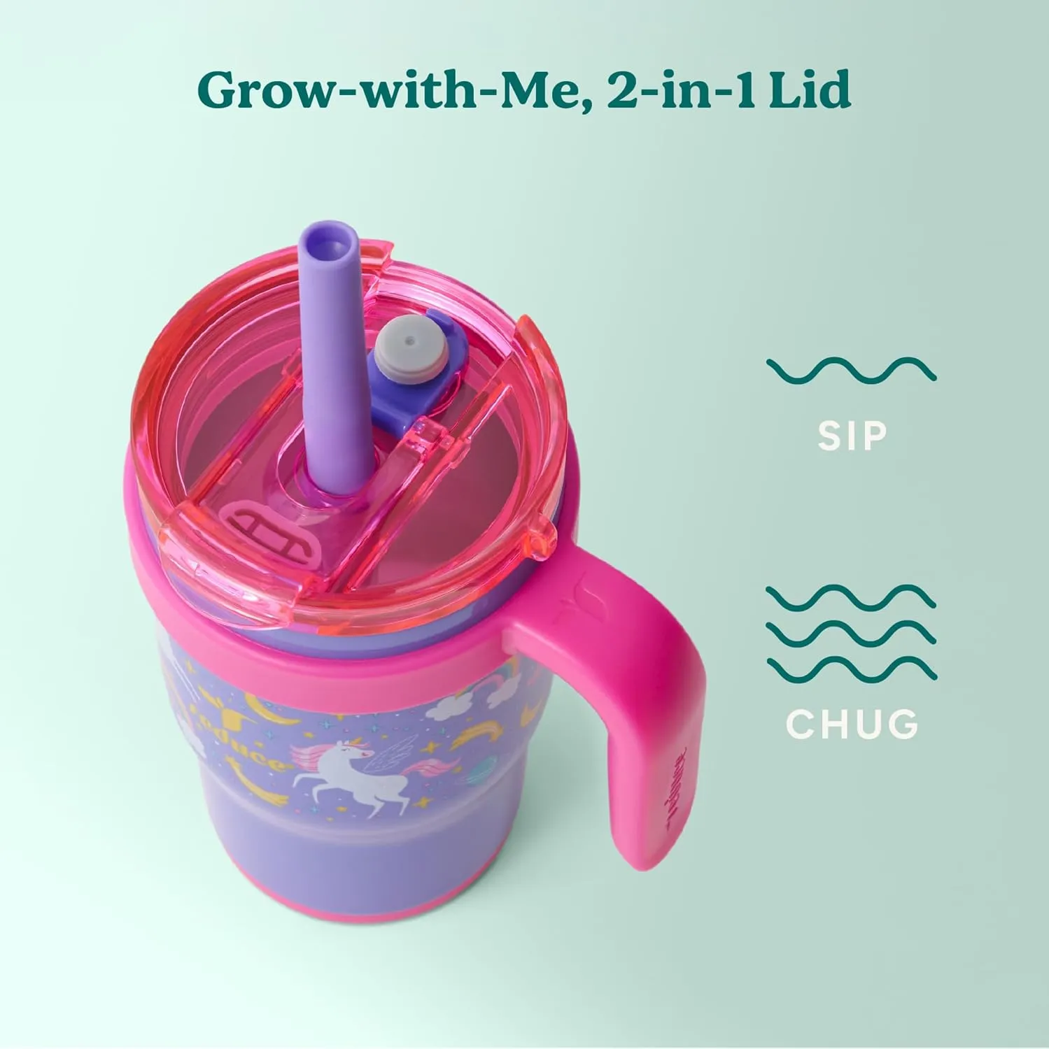 REDUCE 14 Oz Coldee Kids Tumbler with Lid and Straw - Coldee Insulated Travel Mug - Spill-Proof, Sweatproof Stainless Steel, BPA-Free - Includes Handle, Reusable Silicone Straw - Unicorn Magic