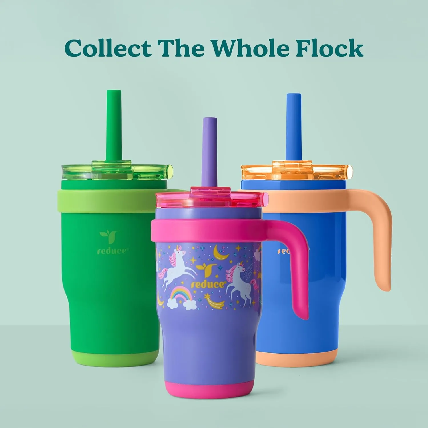 REDUCE 14 Oz Coldee Kids Tumbler with Lid and Straw - Coldee Insulated Travel Mug - Spill-Proof, Sweatproof Stainless Steel, BPA-Free - Includes Handle, Reusable Silicone Straw - Unicorn Magic