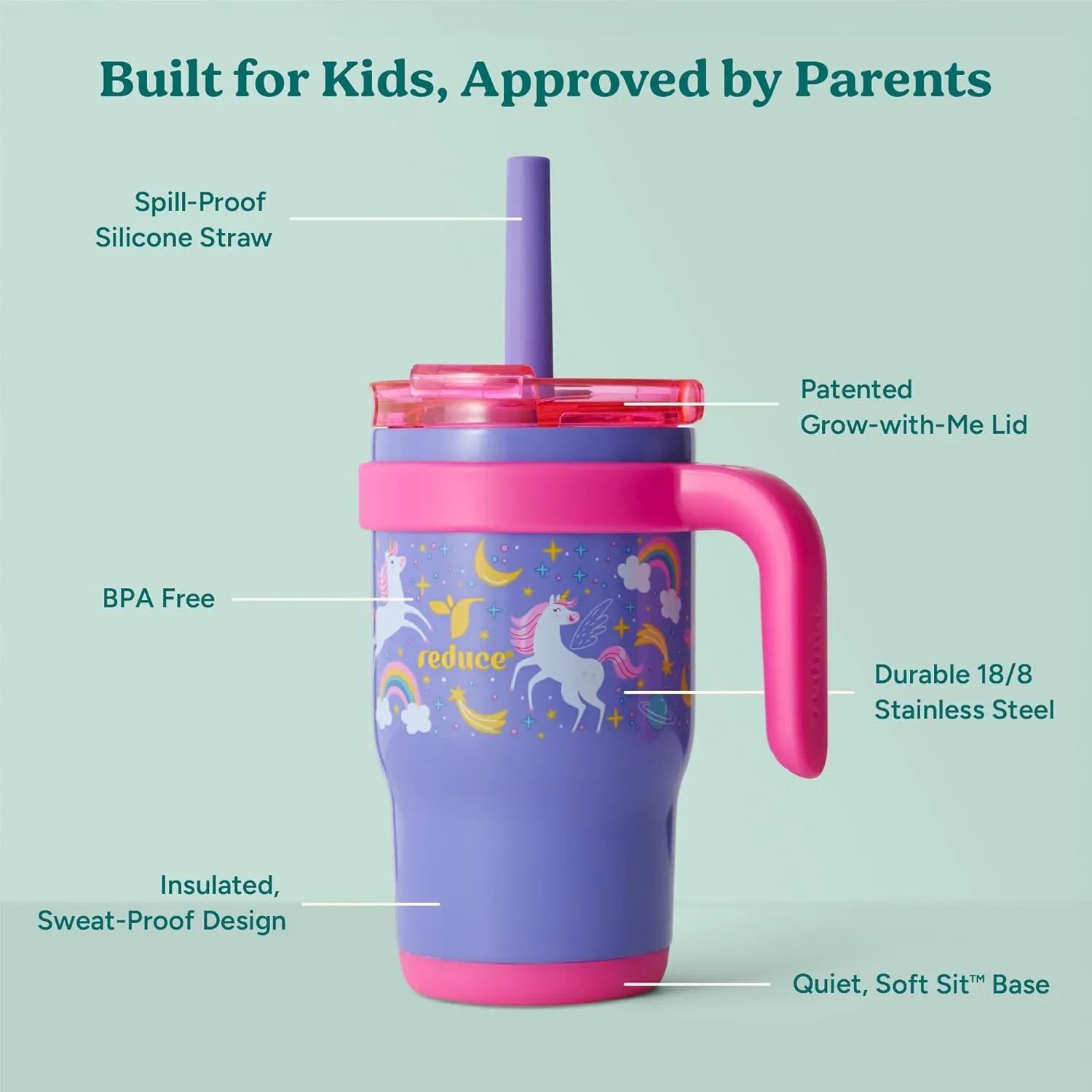 REDUCE 14 Oz Coldee Kids Tumbler with Lid and Straw - Coldee Insulated Travel Mug - Spill-Proof, Sweatproof Stainless Steel, BPA-Free - Includes Handle, Reusable Silicone Straw - Unicorn Magic