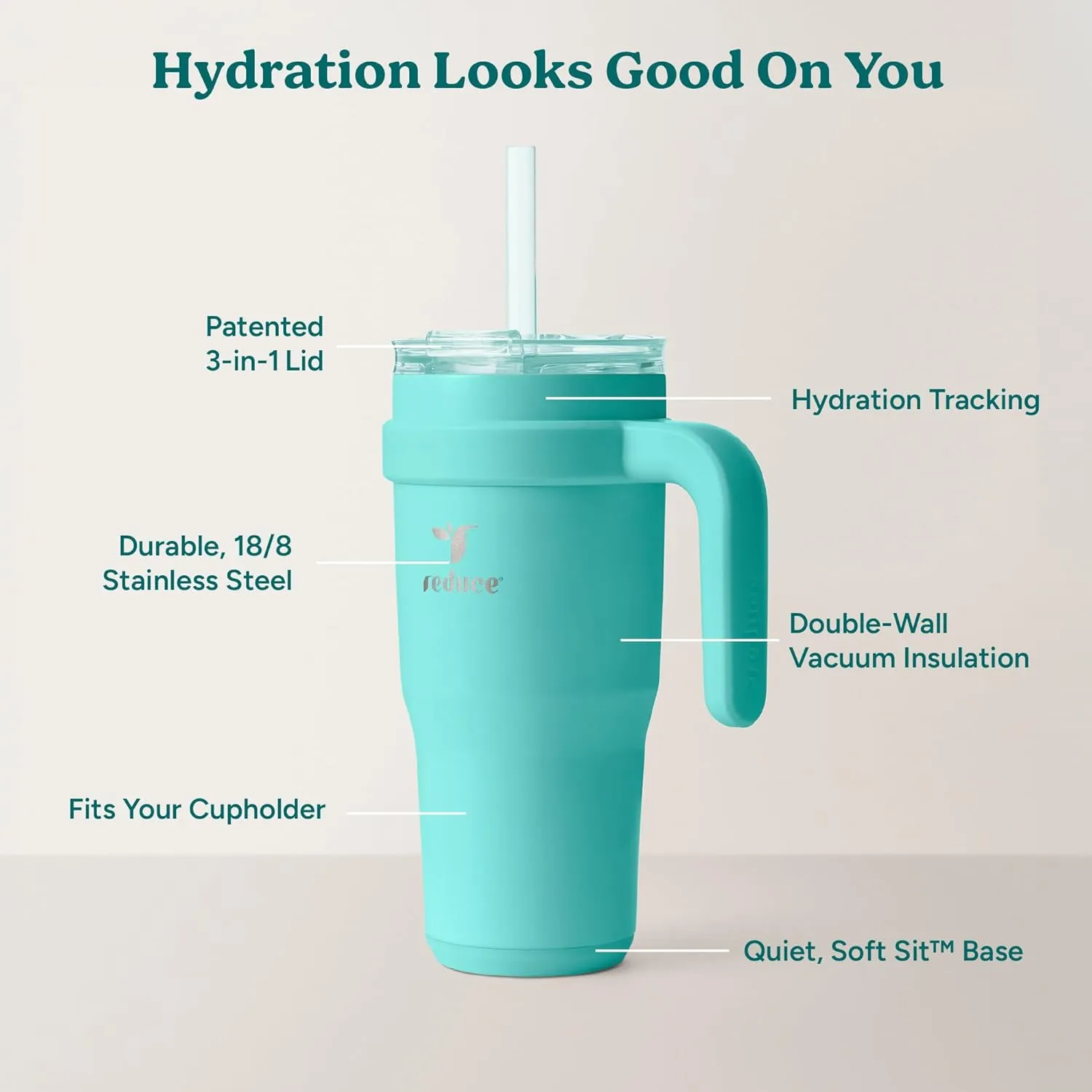Reduce 24 oz Stainless Steel Tumbler with Handle - Dual-Wall Vacuum Insulated Travel Mug, Sweat-Proof Lid & Reusable Straw - Keeps Drinks Cold for 24 Hrs, Fits Cupholders, Dishwasher Safe-Ocean Breeze