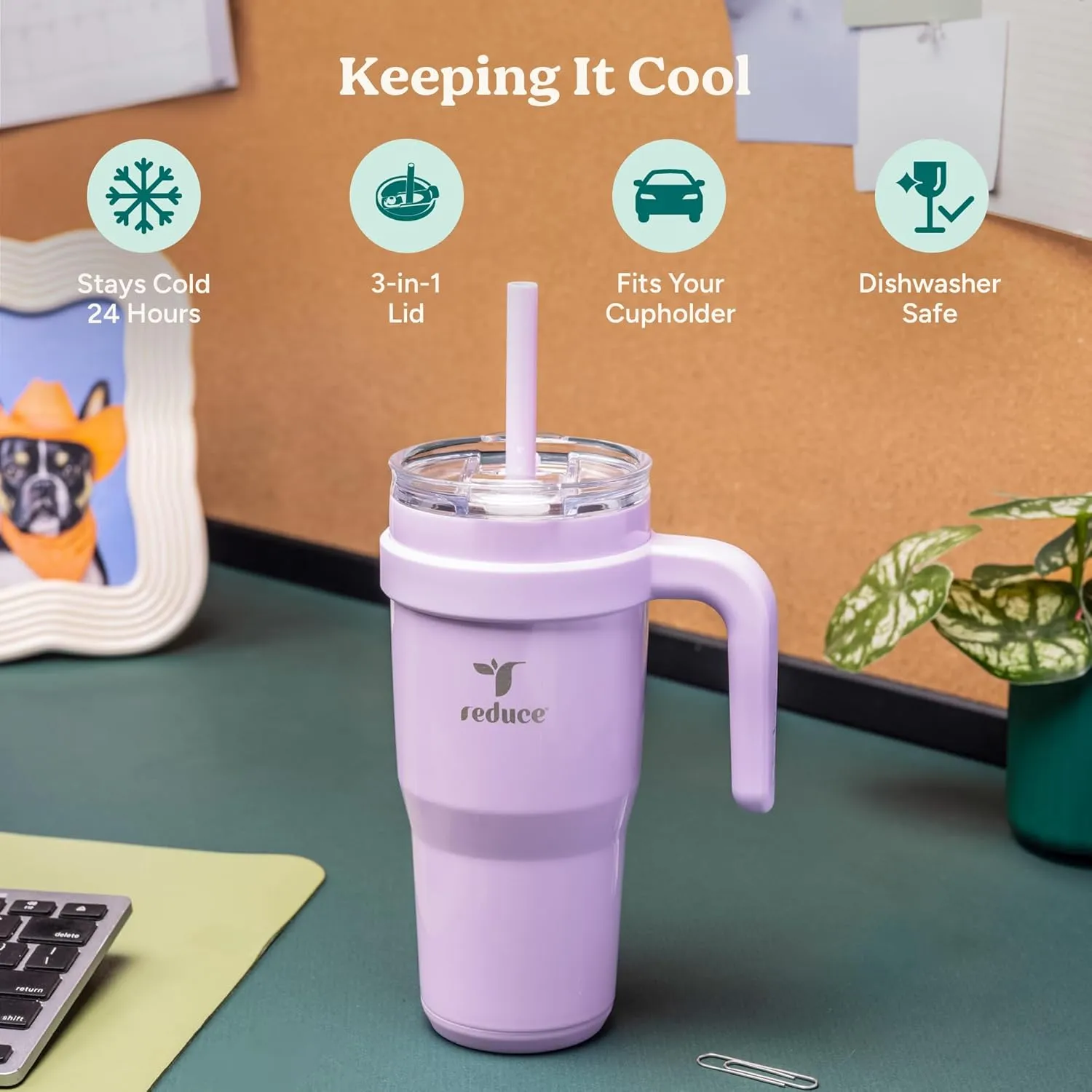 Reduce 24 oz Stainless Steel Tumbler with Handle - Dual-Wall Vacuum Insulated Travel Mug, Sweat-Proof Lid & Reusable Straw - Keeps Drinks Cold for 24 Hrs, Fits Cupholders, Dishwasher Safe-Ocean Breeze