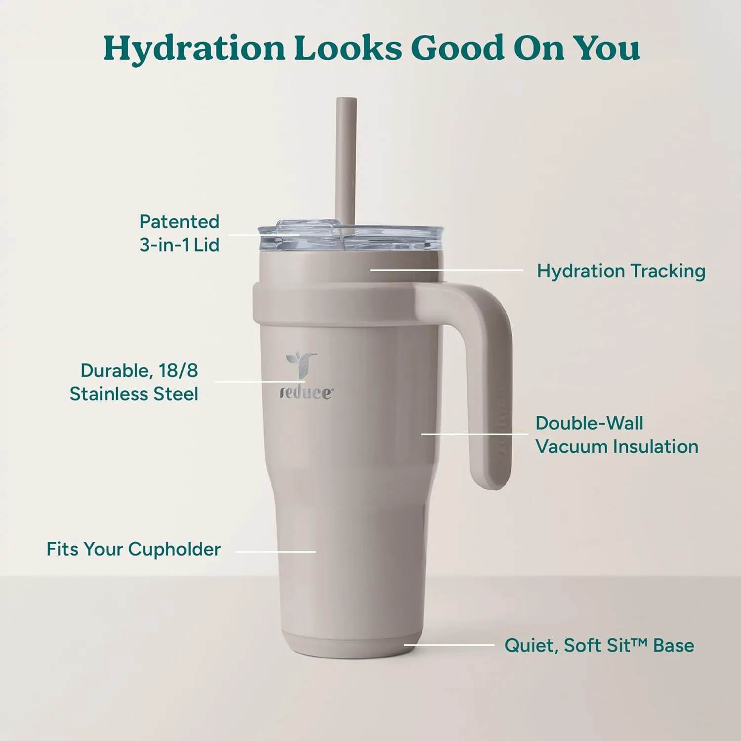 REDUCE 24 oz Stainless Steel Tumbler with Handle - Dual-Wall Vacuum Insulated Travel Mug, Sweat-Proof Lid & Reusable Straw - Keeps Drinks Cold for 24 Hrs, Fits Cupholders, Dishwasher Safe - Sand