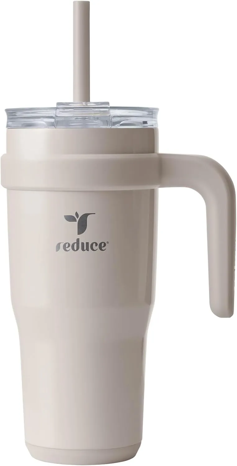 REDUCE 24 oz Stainless Steel Tumbler with Handle - Dual-Wall Vacuum Insulated Travel Mug, Sweat-Proof Lid & Reusable Straw - Keeps Drinks Cold for 24 Hrs, Fits Cupholders, Dishwasher Safe - Sand