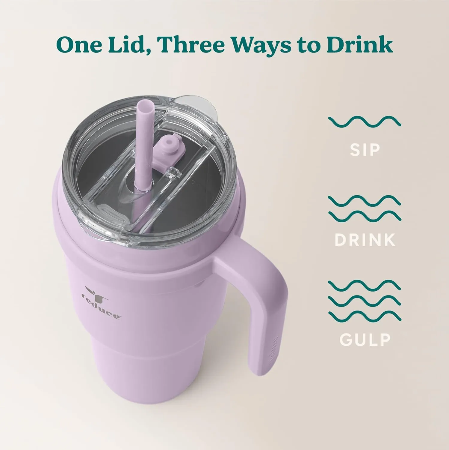 REDUCE 40 oz Stainless Steel Tumbler with Handle - Dual-Wall Vacuum Insulated Travel Mug, Sweat-Proof Lid & Reusable Straw - Keeps Drinks Cold for 24 Hrs, Fits Cupholders, Dishwasher Safe - Lilac Bud