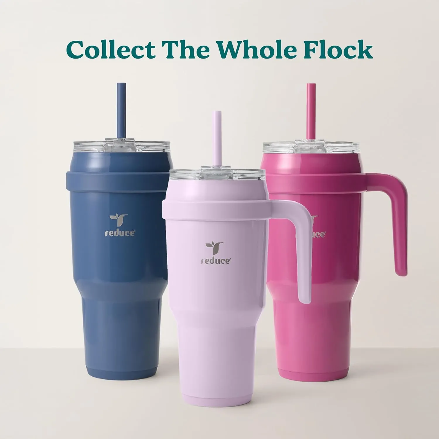 REDUCE 40 oz Stainless Steel Tumbler with Handle - Dual-Wall Vacuum Insulated Travel Mug, Sweat-Proof Lid & Reusable Straw - Keeps Drinks Cold for 24 Hrs, Fits Cupholders, Dishwasher Safe - Lilac Bud