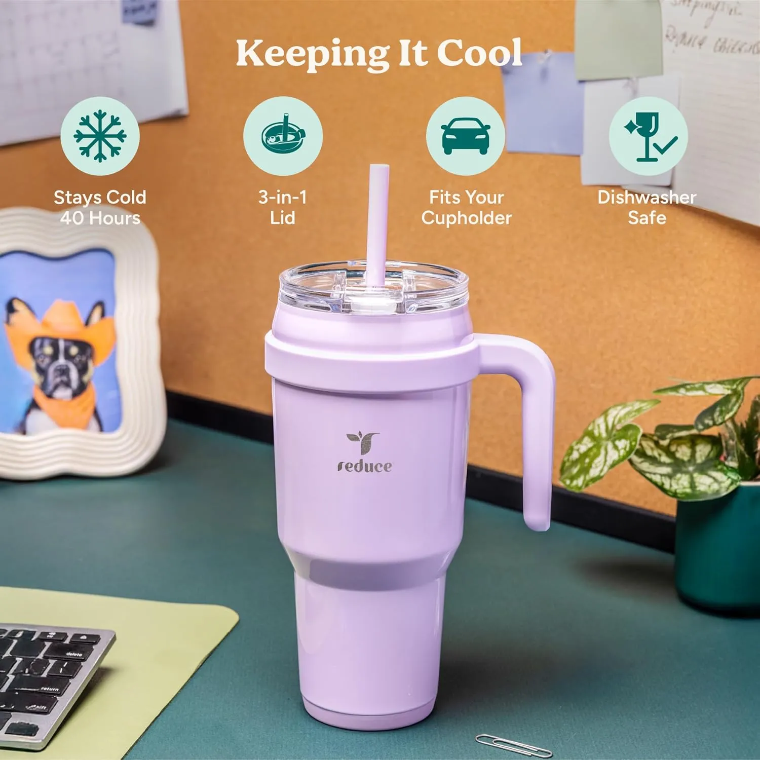 REDUCE 40 oz Stainless Steel Tumbler with Handle - Dual-Wall Vacuum Insulated Travel Mug, Sweat-Proof Lid & Reusable Straw - Keeps Drinks Cold for 24 Hrs, Fits Cupholders, Dishwasher Safe - Lilac Bud