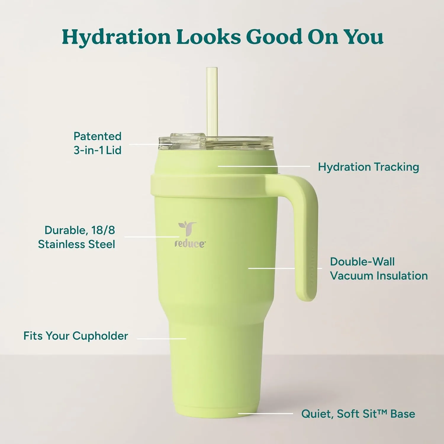 REDUCE 40 oz Stainless Steel Tumbler with Handle - Dual-Wall Vacuum Insulated Travel Mug, Sweat-Proof Lid & Reusable Straw - Keeps Drinks Cold for 24 Hrs, Fits Cupholders, Dishwasher Safe - Mojito