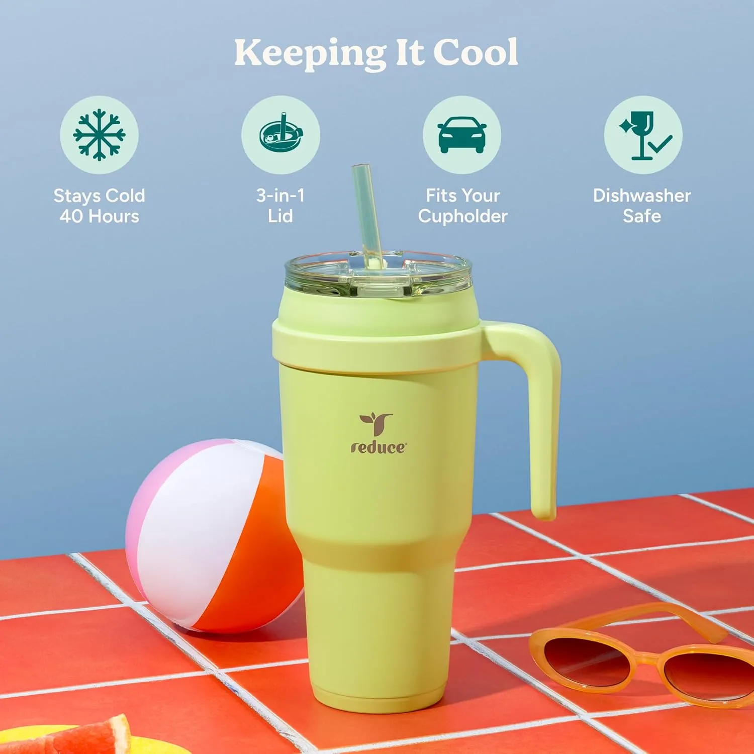 REDUCE 40 oz Stainless Steel Tumbler with Handle - Dual-Wall Vacuum Insulated Travel Mug, Sweat-Proof Lid & Reusable Straw - Keeps Drinks Cold for 24 Hrs, Fits Cupholders, Dishwasher Safe - Mojito