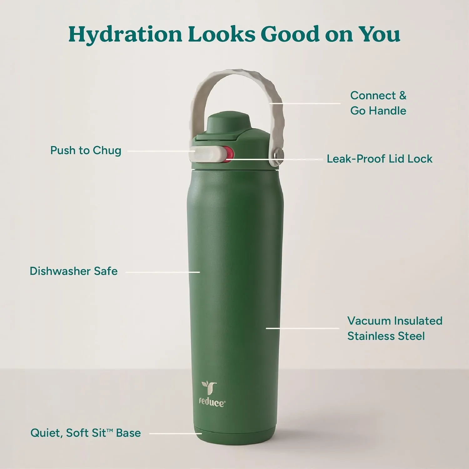 REDUCE Aura Vacuum Insulated 26 oz Water Bottle - Leak-Proof & Chug Spout for Quick Hydration - Keeps Drinks Cold for 30 Hours - Removable Handle for Travel or Gym - Soft Sit Base - Fairway Green