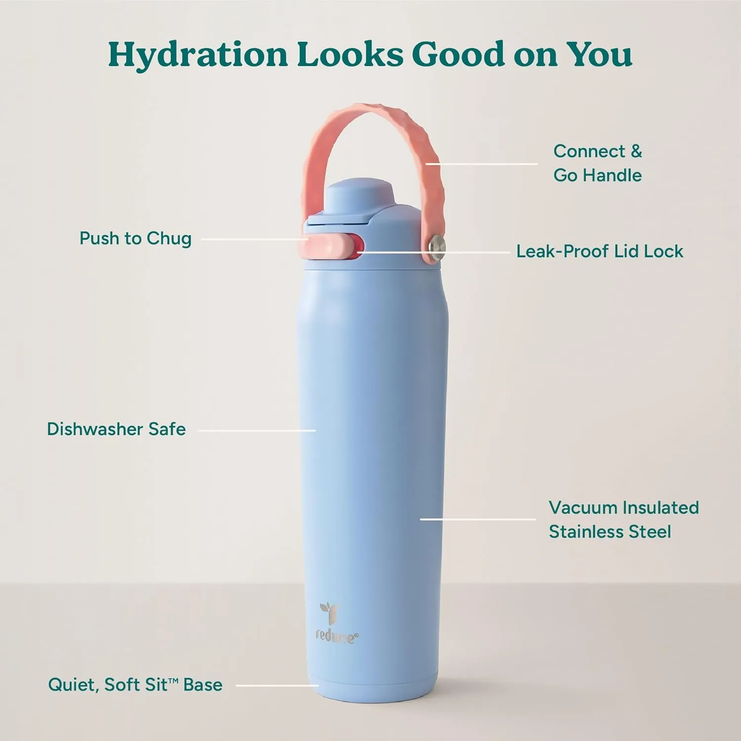 Reduce Aura Vacuum Insulated 26 oz Water Bottle - Leak-Proof & Chug Spout for Quick Hydration - Keeps Drinks Cold for 30 Hours - Removable Handle for Travel or Gym - Soft Sit Base - Glacier