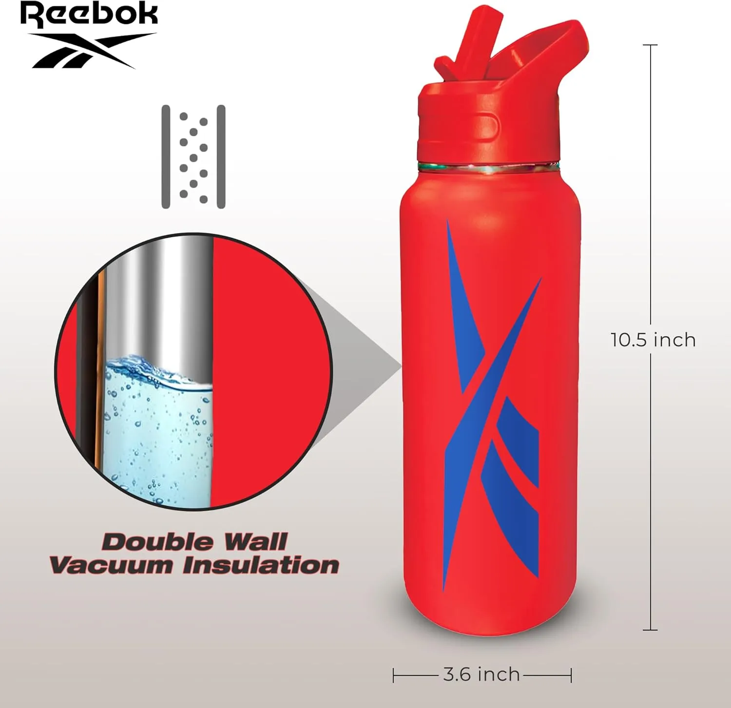 Reebok Stainless Steel Water Bottle With Straw Cap & Athletic Design - Insulated Water Bottles 32 oz - Double Wall Vacuum Insulated Sports Water Bottle With Straw, BPA Free (Red with Blue Vector)