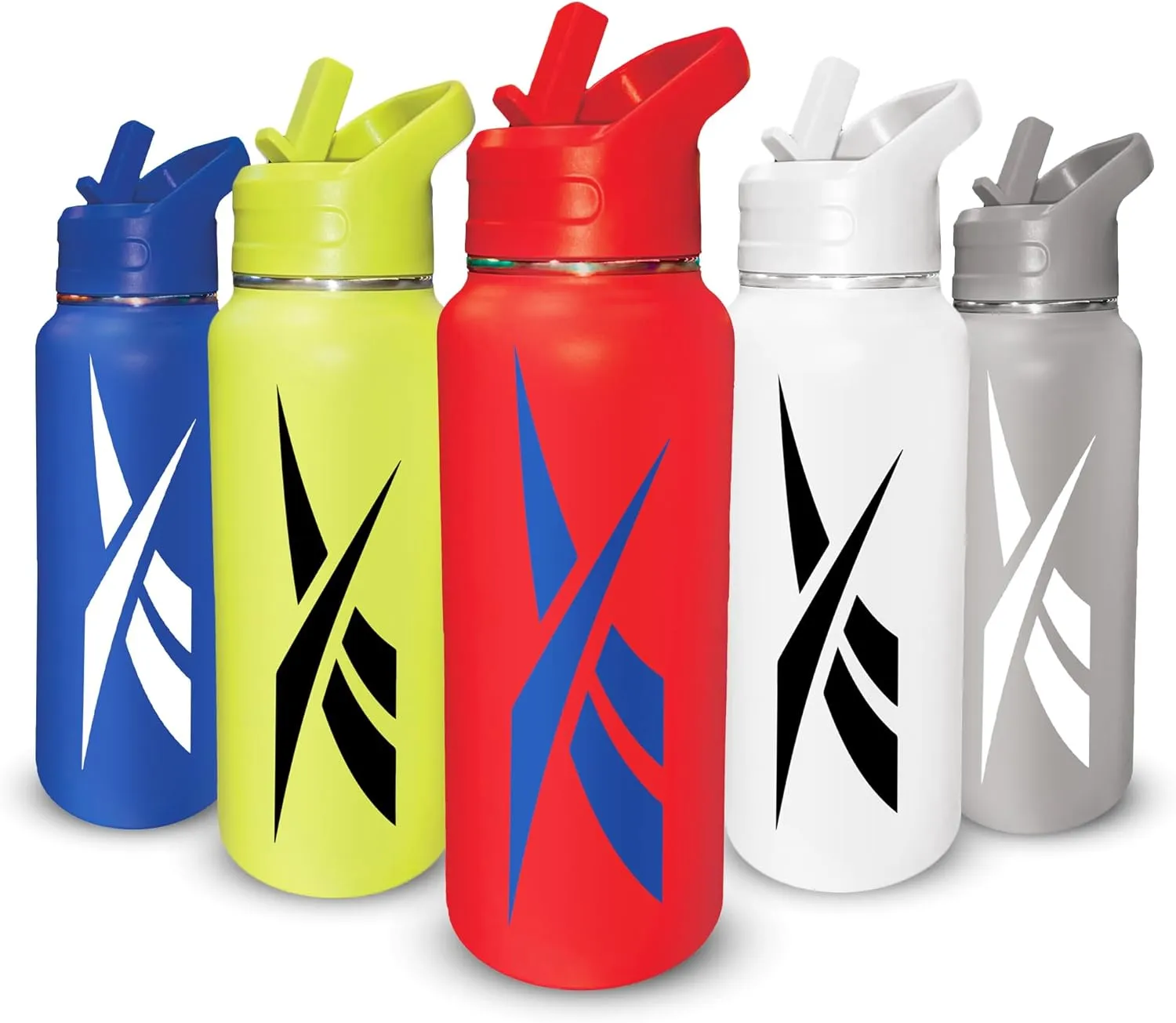 Reebok Stainless Steel Water Bottle With Straw Cap & Athletic Design - Insulated Water Bottles 32 oz - Double Wall Vacuum Insulated Sports Water Bottle With Straw, BPA Free (Red with Blue Vector)