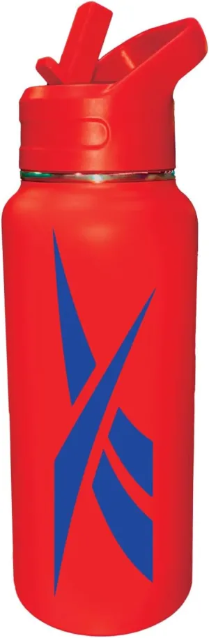 Reebok Stainless Steel Water Bottle With Straw Cap & Athletic Design - Insulated Water Bottles 32 oz - Double Wall Vacuum Insulated Sports Water Bottle With Straw, BPA Free (Red with Blue Vector)