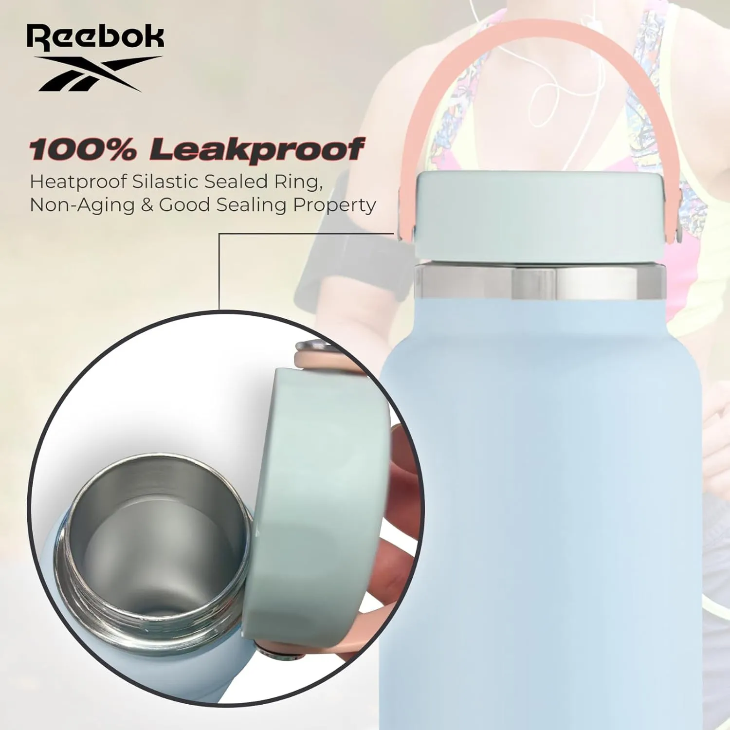 Reebok Stainless Steel Wide Mouth Water Bottle With Flex Cap For Outdoor - 32 oz - Double Wall Vacuum Insulated Sports Water Bottle With Silicone Sleeves, BPA Free (White)