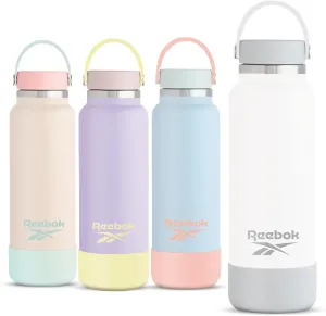 Reebok Stainless Steel Wide Mouth Water Bottle With Flex Cap For Outdoor - 32 oz - Double Wall Vacuum Insulated Sports Water Bottle With Silicone Sleeves, BPA Free (White)