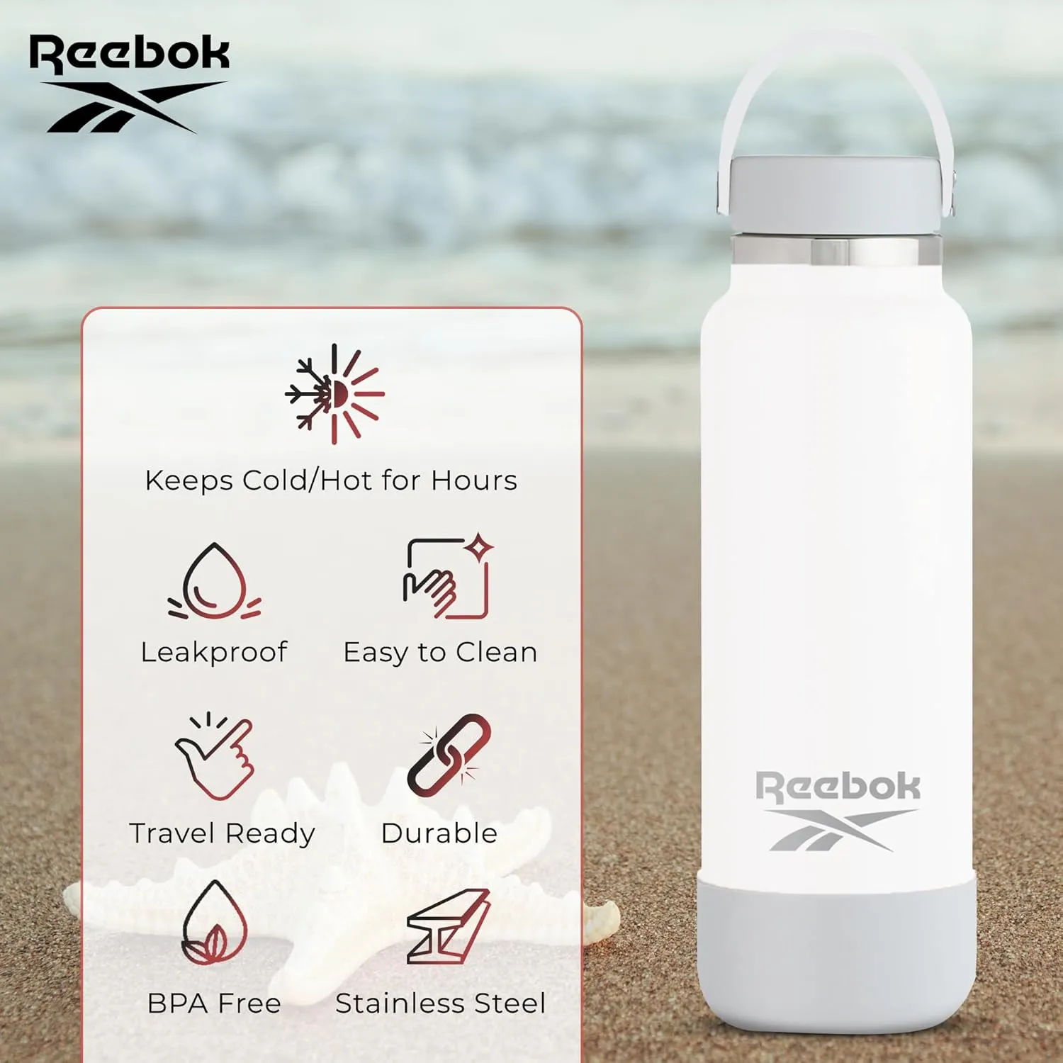 Reebok Stainless Steel Wide Mouth Water Bottle With Flex Cap For Outdoor - 32 oz - Double Wall Vacuum Insulated Sports Water Bottle With Silicone Sleeves, BPA Free (White)