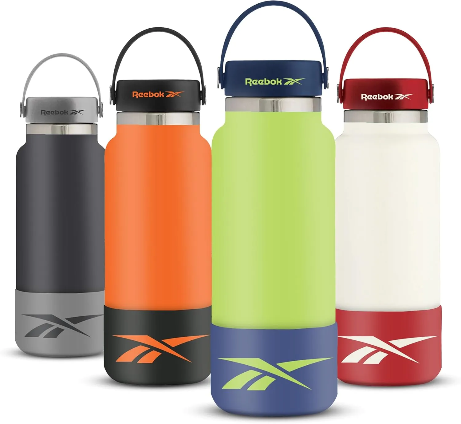 Reebok Stainless Steel Wide Mouth Water Bottle With Flex Cap For Outdoor - 40 oz - Double Wall Vacuum Insulated Sports Water Bottle With Silicone Sleeves, BPA Free